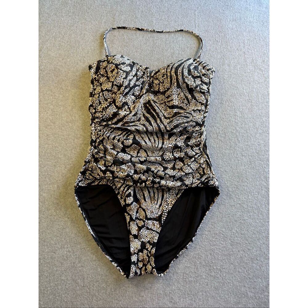 Tommy Bahama One-Piece Bandeau Halter with Ruched Tummy Control Animal Print Swi